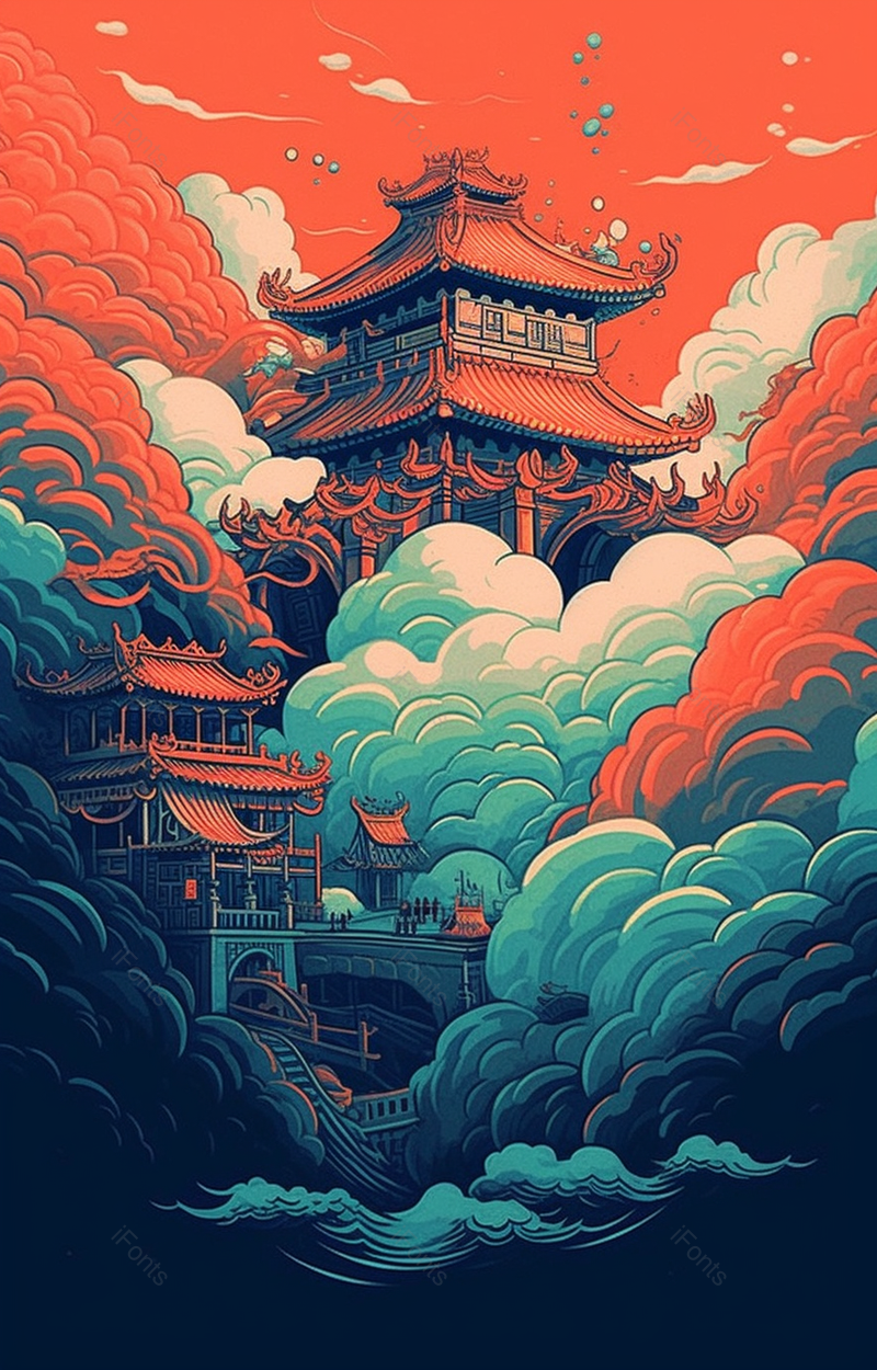 日照金山、气势磅礴的古建筑国潮中国风建筑插画背景,插画/手绘图,插画/手绘图库,插画/手绘图下载,插画/手绘